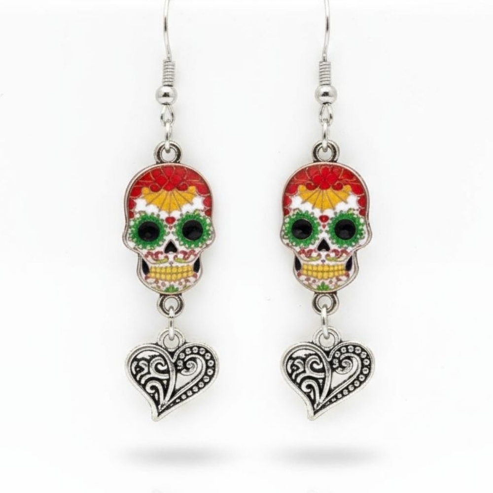 NWT Adorable Stainless Steel Sugar Skull Halloween Dangling Earrings!!